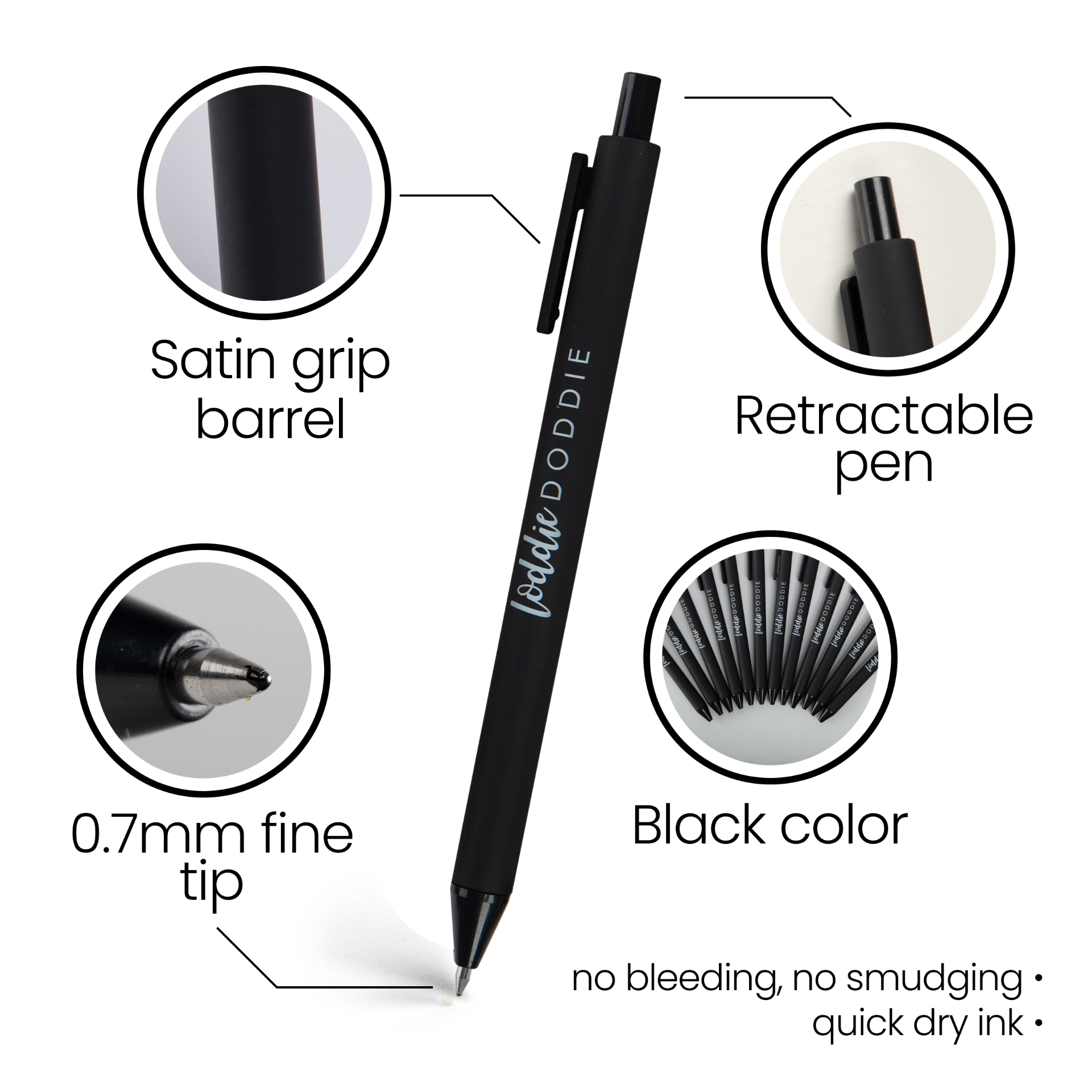 Loddie Doddie 12ct retractable gel pen features: satin grip barrel, retractable click, 0.7mm fine tip, black ink