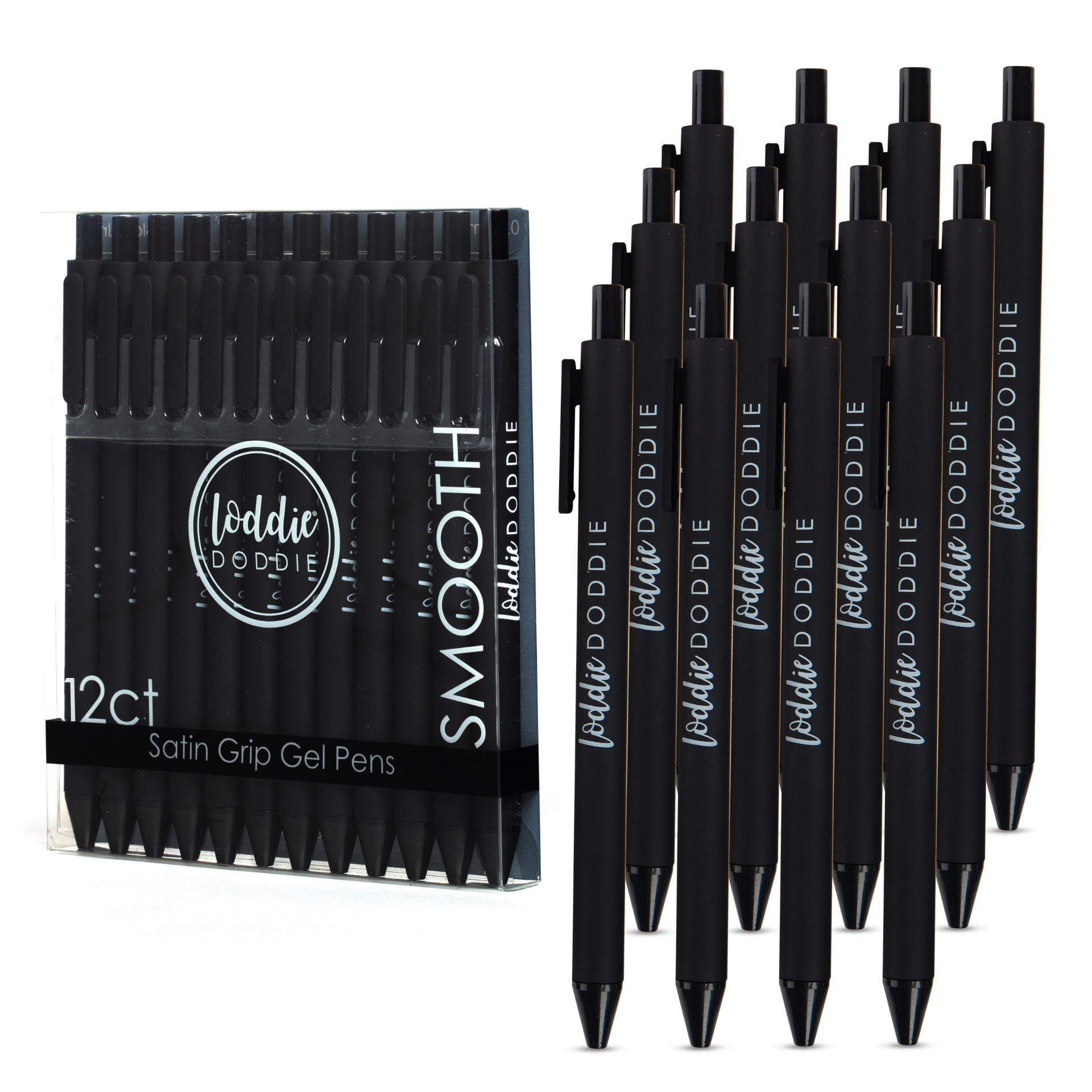 Loddie Doddie 12ct retractable black gel pens with satin grip barrel — pack and individual pens